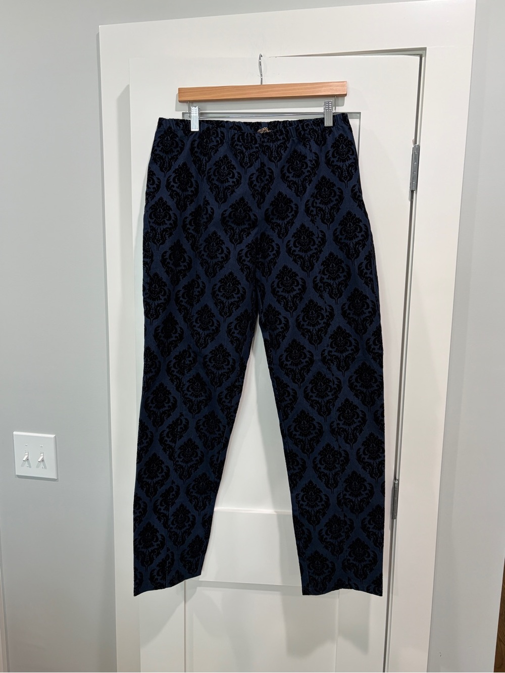 Navy Blue Damask Pattern Denim Pants